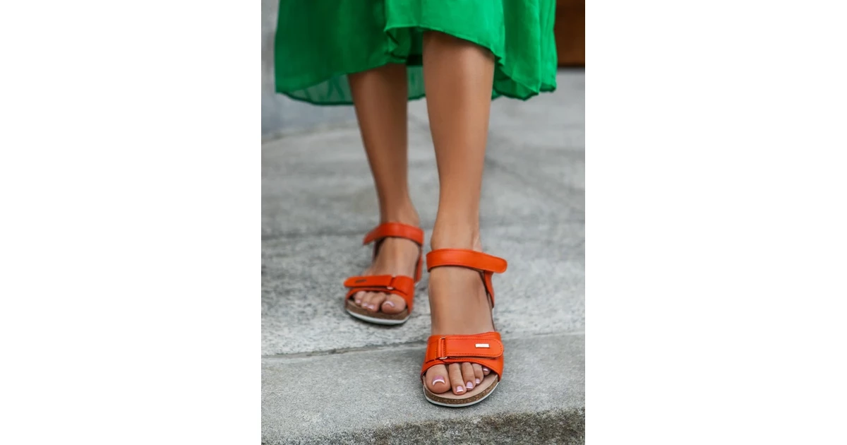 sandały na korku - skóra naturalna - model 343 - kolor grejpfrut